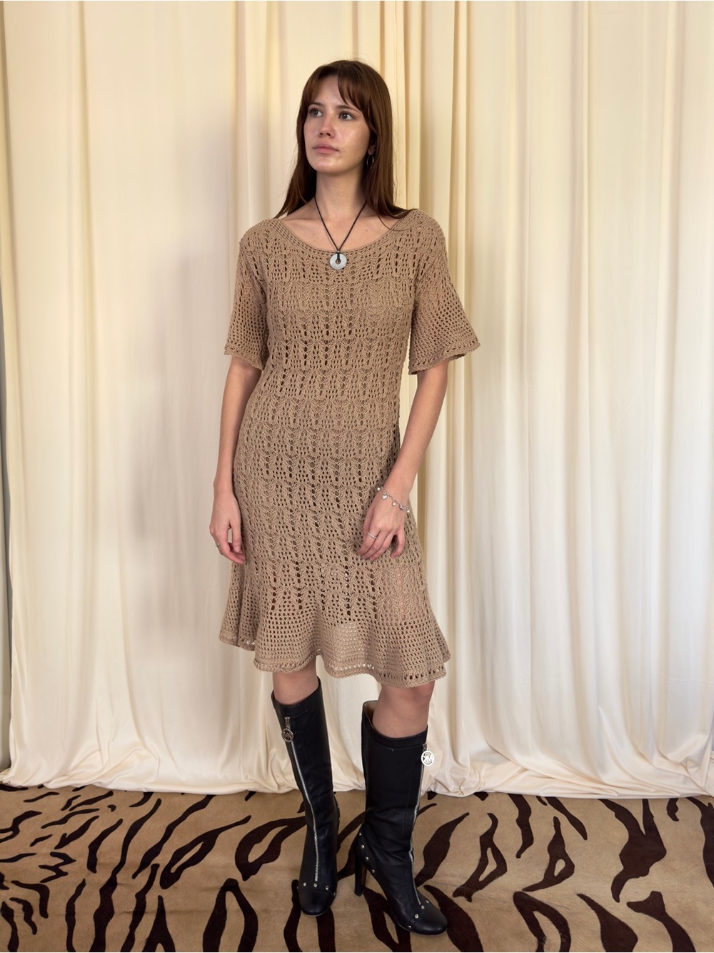 Tan Crochet Knit Midi Dress